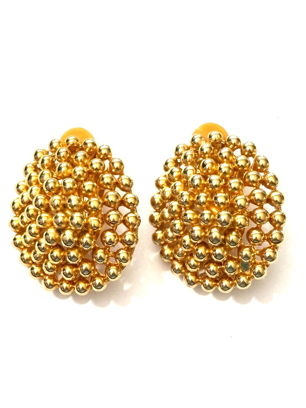 Vintage F.O. Inc Signed Gold Tone Beaded Cluster Dome Statement Clip On Earrings